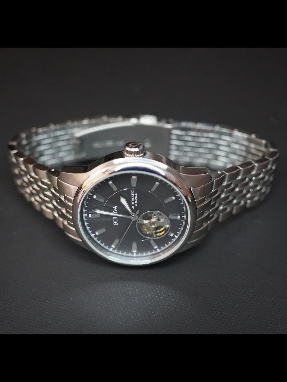 Bulova 96A190 Automatic 21 Jewels Open Heart Black Dial 40mm Men's Watch Runs